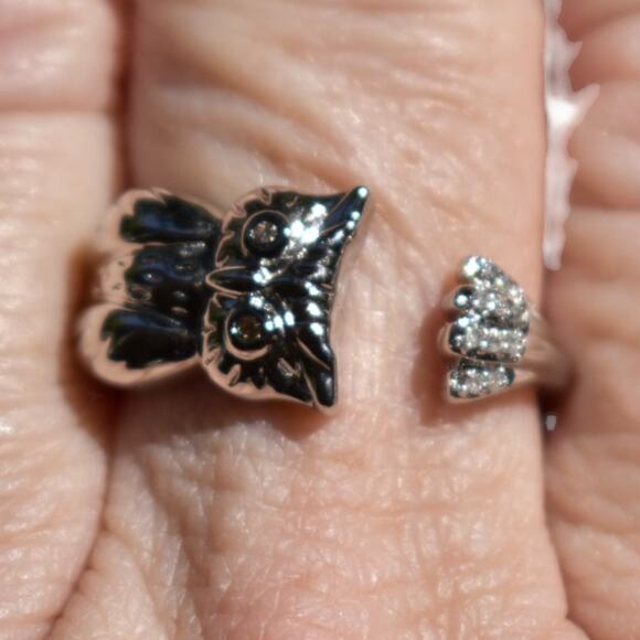 Genuine .05ct Diamond Owl Animal Ring 925 Sterling Silver Adjustable Size - Picture 5 of 5